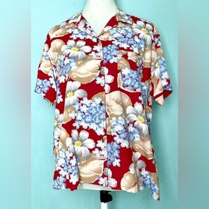 Liz Claiborne Lizwear Rayon Floral Red Blue Tan Camp Shirt Button Blouse L